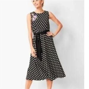Talbots Black & White Polka Dot Floral Embroidery Belted Midi Dress Size 2P